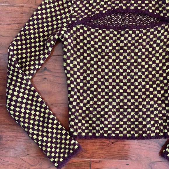 Zara Maroon and Yellow Checkered Pattern Knit Crewneck Cutout Cropped Sweater - Picture 4 of 8